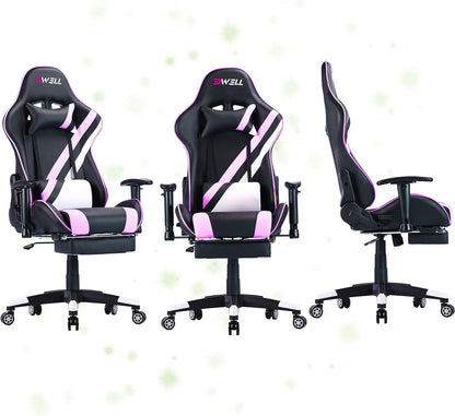 Pink Gaming Chair,Computer Chair,Gaming Chair with Footrest,Adjustable Gamer Chair with Headrest and Lumbar Support,Pu Leather Gaming Chair for Adults,Ergonomic Design