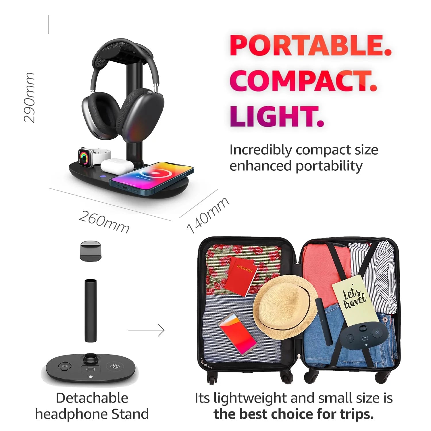 4 in 1 Wireless Charger 15W Headphone Stand for Pods Max/Pro/2/3 Iwatch 7/6/SE/5/4/3/2 Phone 15/14/13/12/11/XS/XR/X, Removable Design Headset Holder