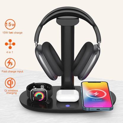 4 in 1 Wireless Charger 15W Headphone Stand for Pods Max/Pro/2/3 Iwatch 7/6/SE/5/4/3/2 Phone 15/14/13/12/11/XS/XR/X, Removable Design Headset Holder