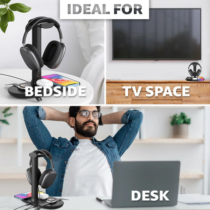 4 in 1 Wireless Charger 15W Headphone Stand for Pods Max/Pro/2/3 Iwatch 7/6/SE/5/4/3/2 Phone 15/14/13/12/11/XS/XR/X, Removable Design Headset Holder
