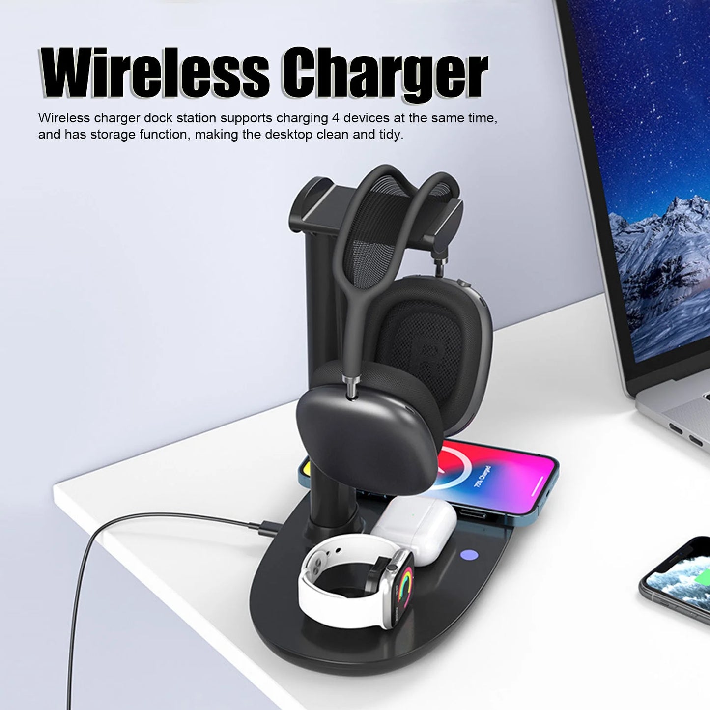 4 in 1 Wireless Charger 15W Headphone Stand for Pods Max/Pro/2/3 Iwatch 7/6/SE/5/4/3/2 Phone 15/14/13/12/11/XS/XR/X, Removable Design Headset Holder