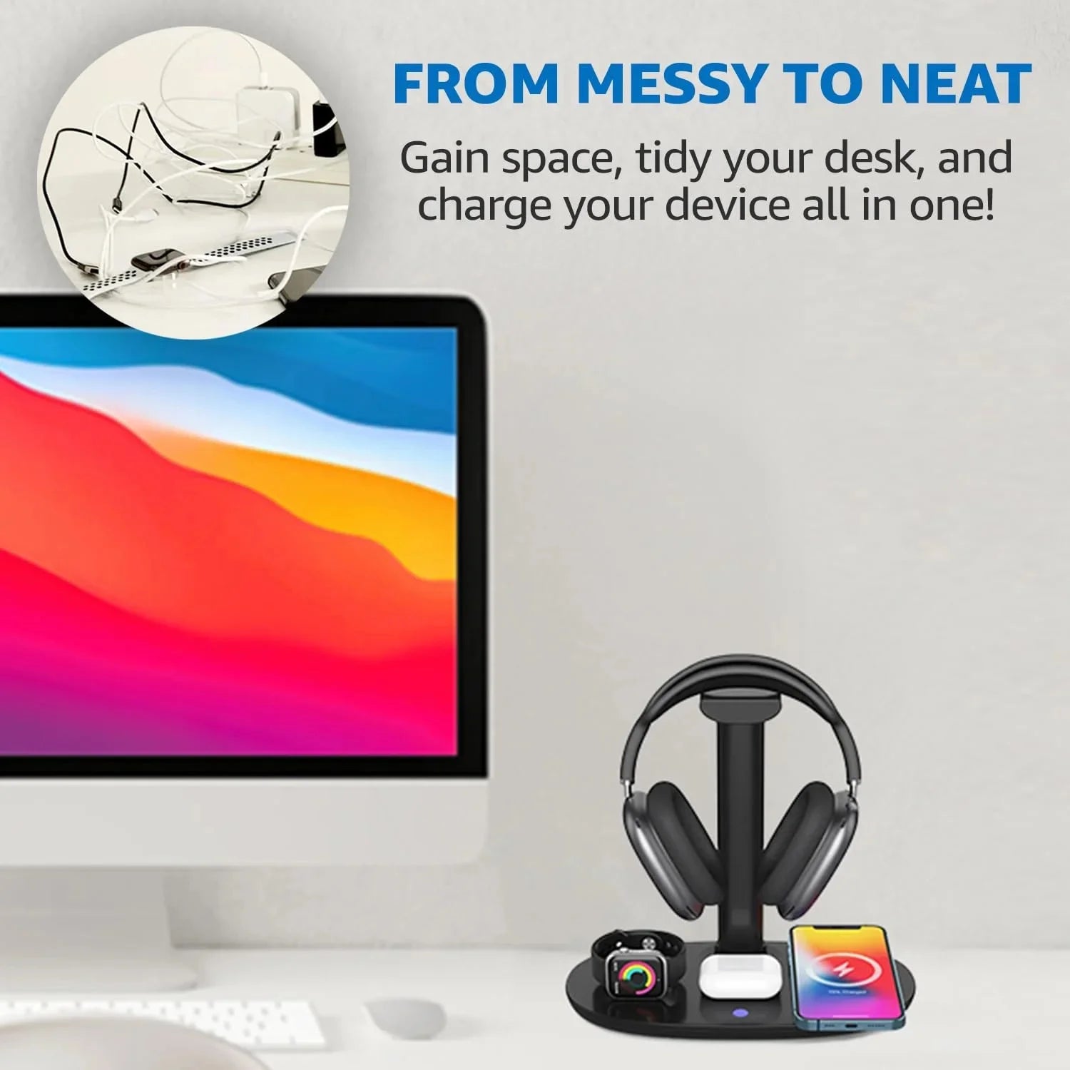4 in 1 Wireless Charger 15W Headphone Stand for Pods Max/Pro/2/3 Iwatch 7/6/SE/5/4/3/2 Phone 15/14/13/12/11/XS/XR/X, Removable Design Headset Holder