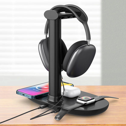 4 in 1 Wireless Charger 15W Headphone Stand for Pods Max/Pro/2/3 Iwatch 7/6/SE/5/4/3/2 Phone 15/14/13/12/11/XS/XR/X, Removable Design Headset Holder